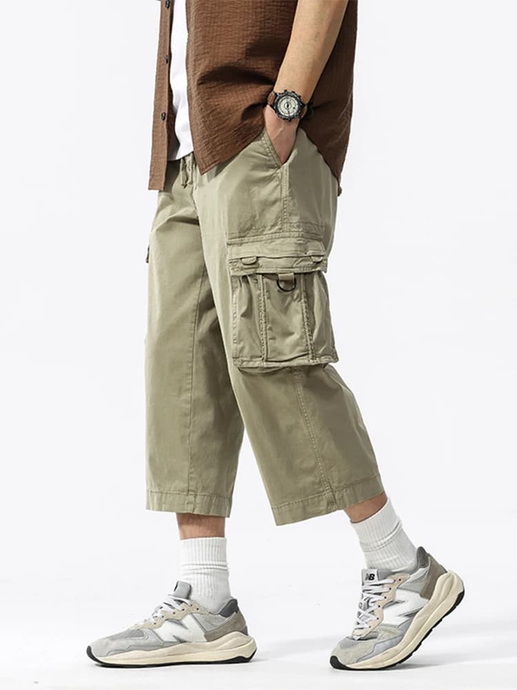 Summer Men's Calf-Length Cargo Pants Multi-Pockets Washed Cotton Straight Capris Pants Elastic Waist Workwear Loose Fit Trousers