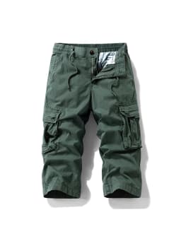Summer Men's Calf-Length Cargo Pants Multi-Pockets Washed Cotton Straight Capris Pants Elastic Waist Workwear Loose Fit Trousers