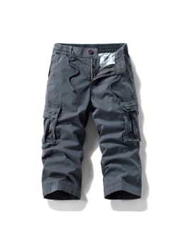 Summer Men's Calf-Length Cargo Pants Multi-Pockets Washed Cotton Straight Capris Pants Elastic Waist Workwear Loose Fit Trousers