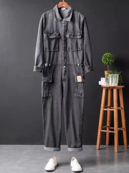Vintage Mens One Piece Denim Overalls Casual Hip Hop Long Sleeve Cargo Jeans Jumpsuit Straight Loose Safari Style Work Jumpsuits