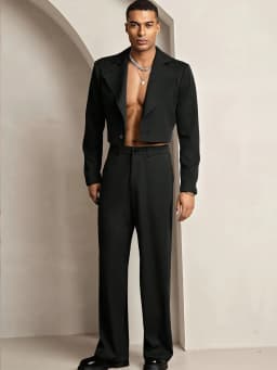 2026 New Men's Black Crop Blazer & Wide Leg Pants Formal Suit