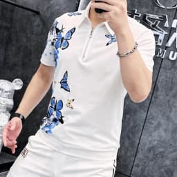 Butterfly Printed Polo Shirt for Men's Summer Zipper Short Sleeved Casual T-shirt Slim Fit Business Social POLO Tshirts 2024