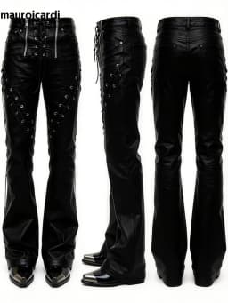 Mauroicardi Spring Autumn Cool Long Black Pu Leather Micro-Flare Pants Man High Waist Luxury Brands Original Streetwear Clothes