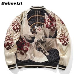 Japanese Style Nine Tailed Fox and Flame Embroidered Jacket 2025 Women Men Baseball Streetwear Harajuku Clothing Autumn Coats