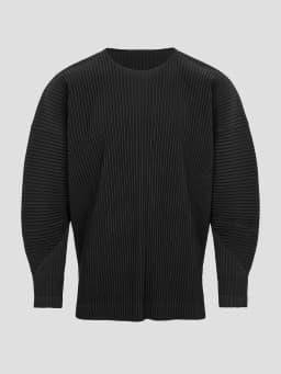 Miyake Pleated Men Long Sleeve Plain Slit Hem T-shirt Full Sleeve Round Collar T Shirt Korean Streetwear Casual Top