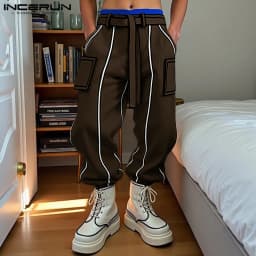 INCERUN Men Pants Patchwork Lace Up Pockets Corduroy Trousers Men Streetwear Loose Joggers 2025 Fashion Casual Long Pants S-5XL
