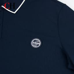 CH Men Single White Tipped Collar Short Sleeve Polo Shirt Round Rubber Badge Logo Left Chest Old Money Golf Office Daily Wear