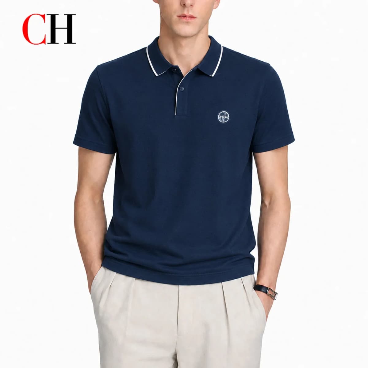 CH Men Single White Tipped Collar Short Sleeve Polo Shirt Round Rubber Badge Logo Left Chest Old Money Golf Office Daily Wear