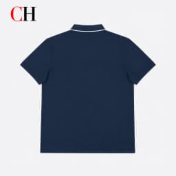 CH Men Single White Tipped Collar Short Sleeve Polo Shirt Round Rubber Badge Logo Left Chest Old Money Golf Office Daily Wear