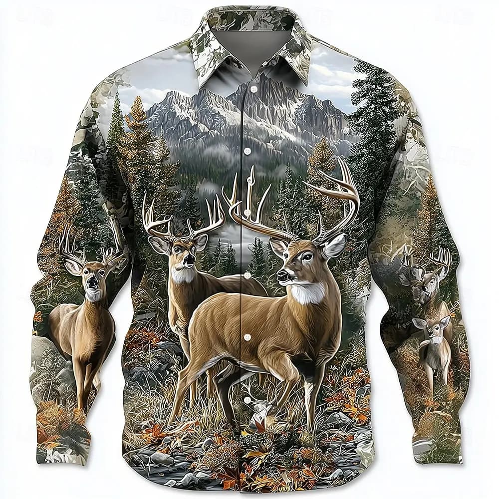 Retro Men's Reindeer Aztec Indian Culture Shirt Long Sleeve Shirt Casual Men's Deer Hunter Tops 3D Print Collared Shirt