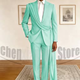 Fashion Men's Suit with Drape Detail Peak Lapel Blazer and Pants Chic Smart Casual Formal Wedding Party Prom Tuxedo 2 Piece
