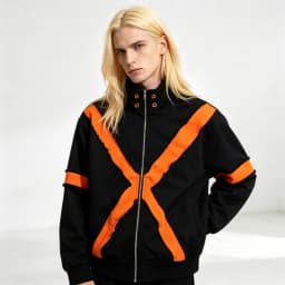 Men Jacket Y2K American Streetwear Zip Up Hoodie Splicing Raw Edge Cross X Pattern Stand Collar Hip Hop Track Coat New Trendy