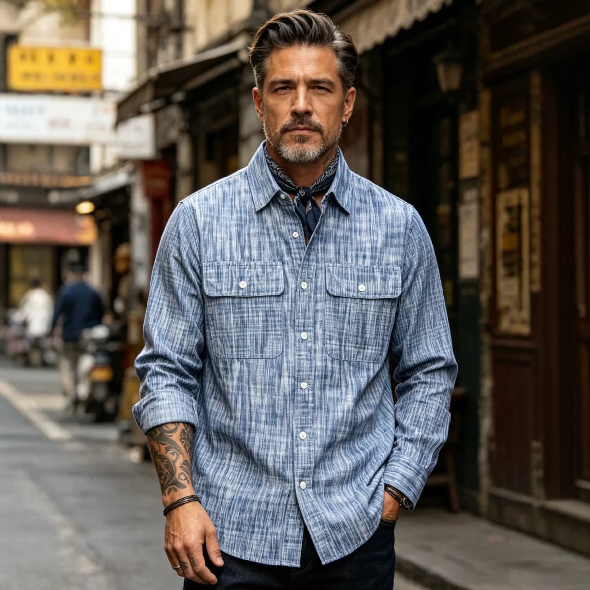 Japanese Vintage Kasuri Weave Work Shirt for Men 2026 Autumn Retro Amekaji Rain Pattern Long Sleeve Shirt OKONKWO
