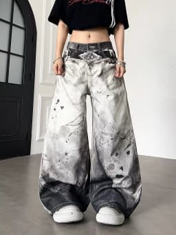 Men's Fashionable Printed Patterns Casual Pants High Waist Unisex Baggy Trousers Street Boys Bottom Male Wide Legs Sweatpants