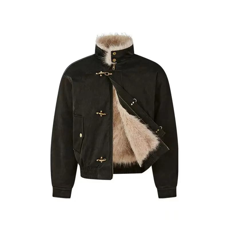 Inner Wool Thickened Bomber Jacket American Men's And Women's Aircraft Buckle Retro Fashion Stand-Up Collar Parka Retro Jackets