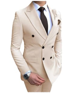 2026 New Beige Men's Suit 2 Pieces Double Breasted Notch Lapel Flat Slim Fit Casual Tuxedos For Wedding(Blazer+Pants)