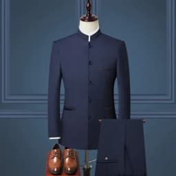 Stand Collar Men Blazer Pants Business Men's Wedding Suit Jacket Coat Trousers Waistcoat High Quality Slim Dress Set