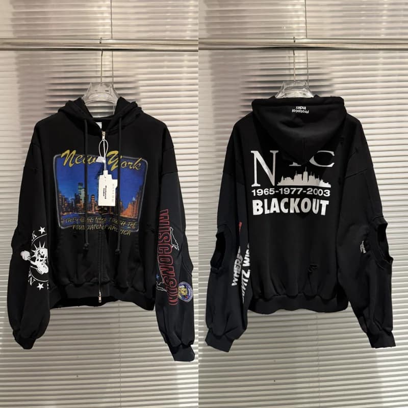 2026ss Protocol Zipper Hoodie Jacket High Quality Distressed Print Casual Unisex Long Sleeve Sweatshirt for Men Women
