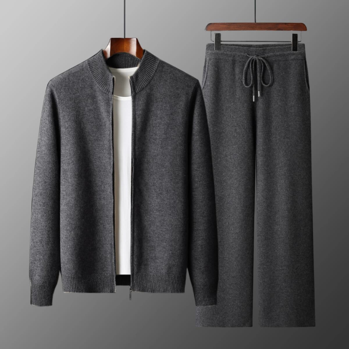 Classy Man 100% Merino Wool Sweater & Trousers Set Autumn Winter Thick Warm Zipper Cardigan Jacket Wide Leg Pants Two Pieces Set