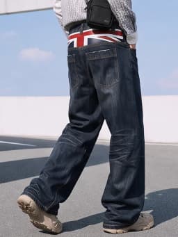 British Style Heavy Washed Baggy Men's Jeans Autumn Winter Denim Pants Man Rice Shaped Flag Wide Leg Straight Woman Trouser Male