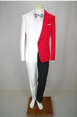 Men's Personality Mixed Color Suit Red Black White Splicing Blazer Pants 2 Piece Set for Stage Singer Chorus Magician Groomsman