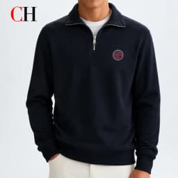 CH Mens Timeless Round Patch Badge Chest Accent Quarter Zip Collared Sweatshirt Four Season Multi Occasion Top