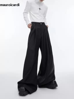 Mauroicardi Spring Autumn Long Loose Casual Black Flowy Soft Pleated Baggy Wide Leg Pants Men with High Waist Korean Fashion2024