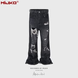 MIJKO Unisex Wide Leg Flared Jeans Torn Hole Cut with Cat Whisker Fringe Blue for Men And Women ZJ014