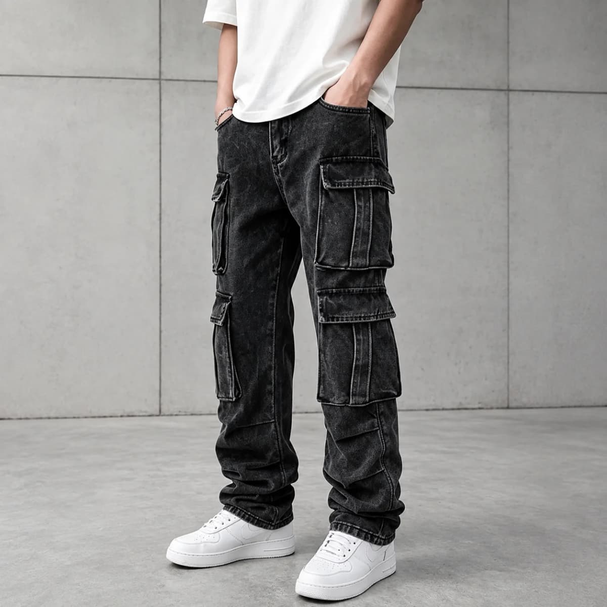Vintage Man Baggy Cargo Denim Jeans Straight Hip Hop Multi-Pocket Trousers Wide Leg Streetwear Loose Cargo Pants