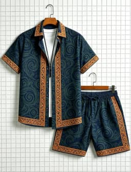 Men's ethnic border printed short sleeved shirt and shorts set, fresh and elegant style, for daily leisure and outdoor travel