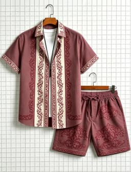 Men's ethnic border printed short sleeved shirt and shorts set, fresh and elegant style, for daily leisure and outdoor travel