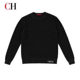 CH Men Crew Neck Long Sleeve Sweater Standout White Letter Embroidery Bottom Hem Regular Fit Minimalist Fall Office Daily Wear