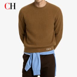 CH Men Crew Neck Long Sleeve Sweater Standout White Letter Embroidery Bottom Hem Regular Fit Minimalist Fall Office Daily Wear