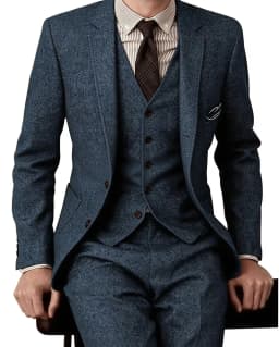 Brown 2026 Mens Tweed Herringbone Wedding Suit Prom Tuxedos 3 Piece Peak Lapel Tweed for Autumn Slim Fit (Blazer+vest+Pants)