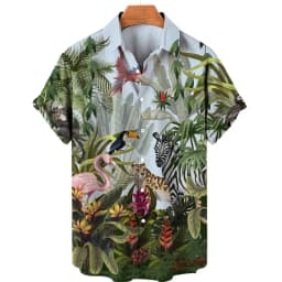 For Men Tropical Jungle Flamingo 3d Print Hawaiian Shirt Summer Street Short Sleeves Tops Harajuku Lapel Button Loose Blouse