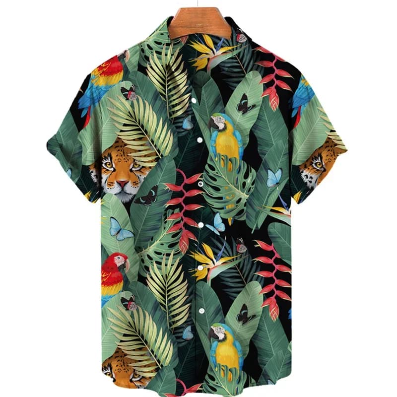 For Men Tropical Jungle Flamingo 3d Print Hawaiian Shirt Summer Street Short Sleeves Tops Harajuku Lapel Button Loose Blouse