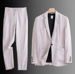 Cotton Linen Men's 2‑Piece Suit Lightweight Slim Fit Breathable Casual Suit Set for Office Wedding Sun Protection