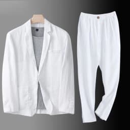 Cotton Linen Men's 2‑Piece Suit Lightweight Slim Fit Breathable Casual Suit Set for Office Wedding Sun Protection