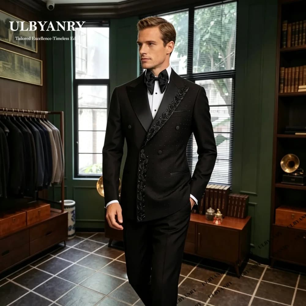 Elegant Embellished Suit Set for Men Trend Double Buttons Formal 2-Pieces Suit (Jacket Pants) XXS-7XL Customized Blazer Trousers