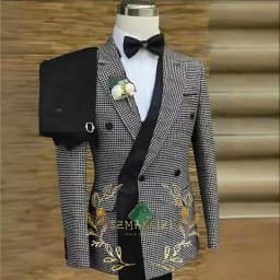 Luxuly Plaid Double Breasted Men Suit Custumized Slim Fit Peaked Lapel Groom Wedding Tuxedos Male Prom Blazers 2 Pieces Sets