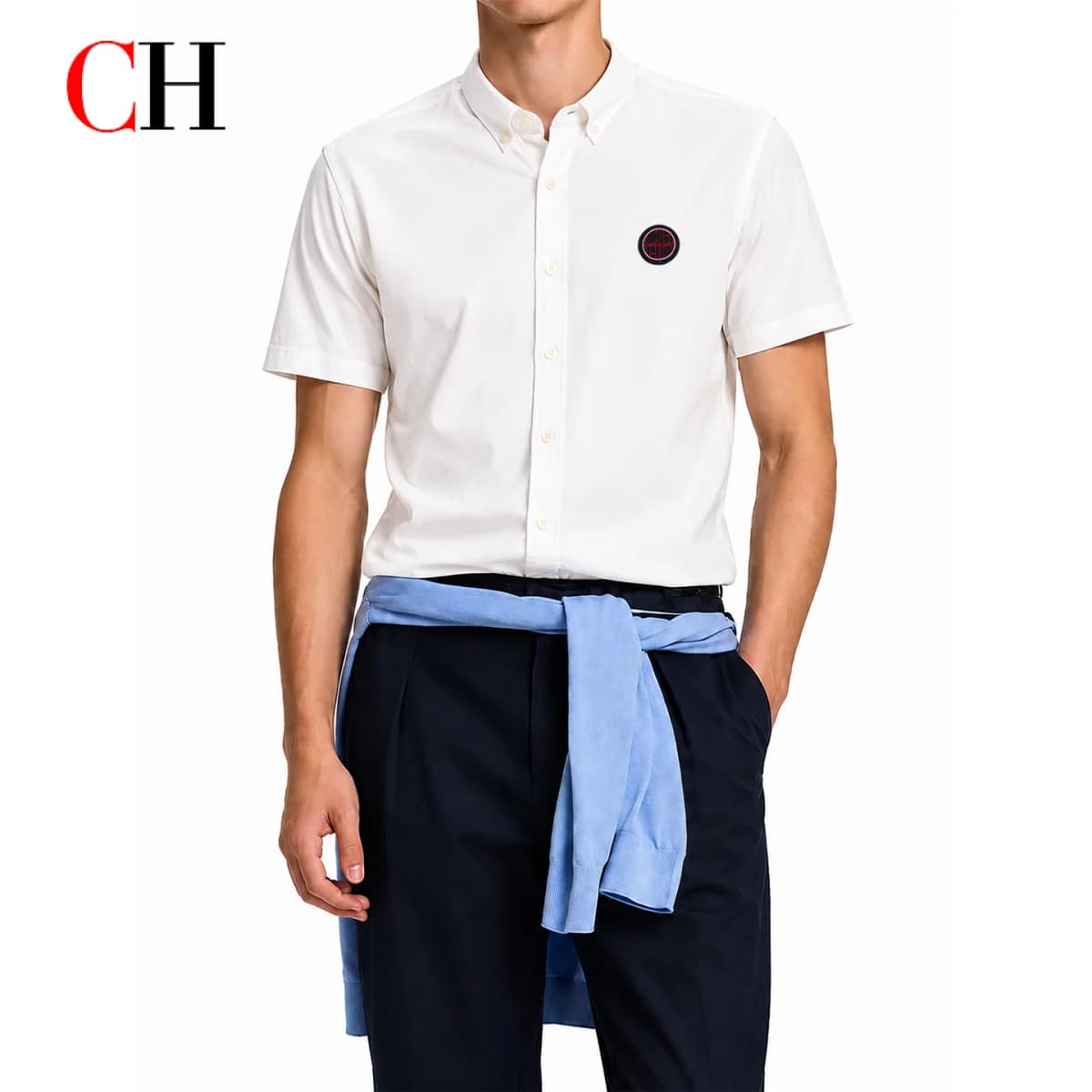 CH Men's White Oxford Short Sleeve Shirt Button Down Collar Circular Patch Logo Cotton Business Formal Casual Button Up Shirts