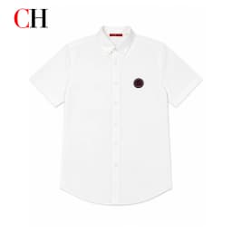 CH Men's White Oxford Short Sleeve Shirt Button Down Collar Circular Patch Logo Cotton Business Formal Casual Button Up Shirts