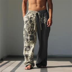 3D printed vintage pattern print, fashionable high-quality comfortable men's wide-leg pants, trendy printed men's pants