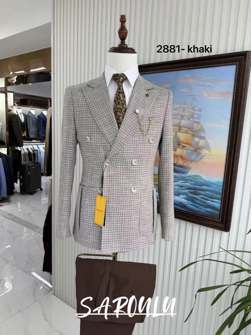 Plaid Double Breasted Suit For Men Slim Fit 2 Piece Business Casual Blazer Pants Set Vintage British Style Formal Wedding Tuxedo