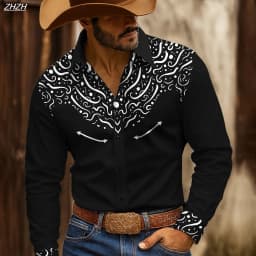 Retro Men's Floral Western long sleeve Shirt, 3D Ethnic Print Design, Vintage Button Up Collared, Spring Fall Casual Workwears
