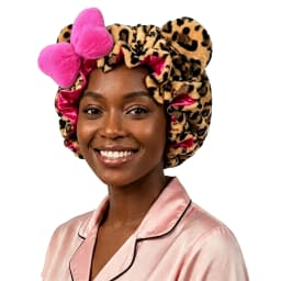 Leopard Print Teddy Plush Hair Bonnet with Big Bow, Satin Lined Soft Fluffy Night Sleep Cap, Adjustable Bear Ear Hair Wrap for W