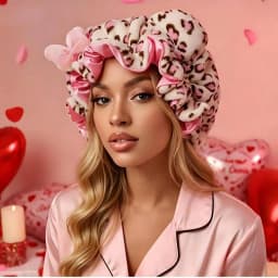 Leopard Print Teddy Plush Hair Bonnet with Big Bow, Satin Lined Soft Fluffy Night Sleep Cap, Adjustable Bear Ear Hair Wrap for W