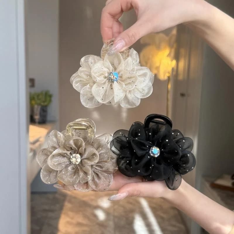 1/2/3pcs Elegant Mesh Flower Rhinestone Hair Clip for Woman Korean Style Shark Clip Fashion Girl Ponytail Clip Hair Clamp
