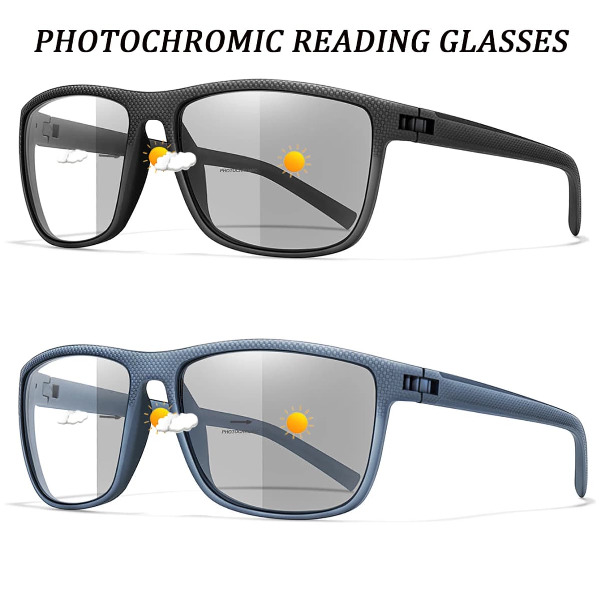 2 Pairs Classic Photochromic Reading Anti-Blue Light Glasses Rectangular Presbyopic Eyewear for Grandparents +150 +200 +300