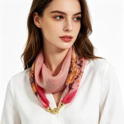 Oriental Ink Painting Plum Blossom Peony Printed Neck Scarf With Magnetic Buckle Scarf Clasp, Lazy Quick Easy Wear Neckerchief